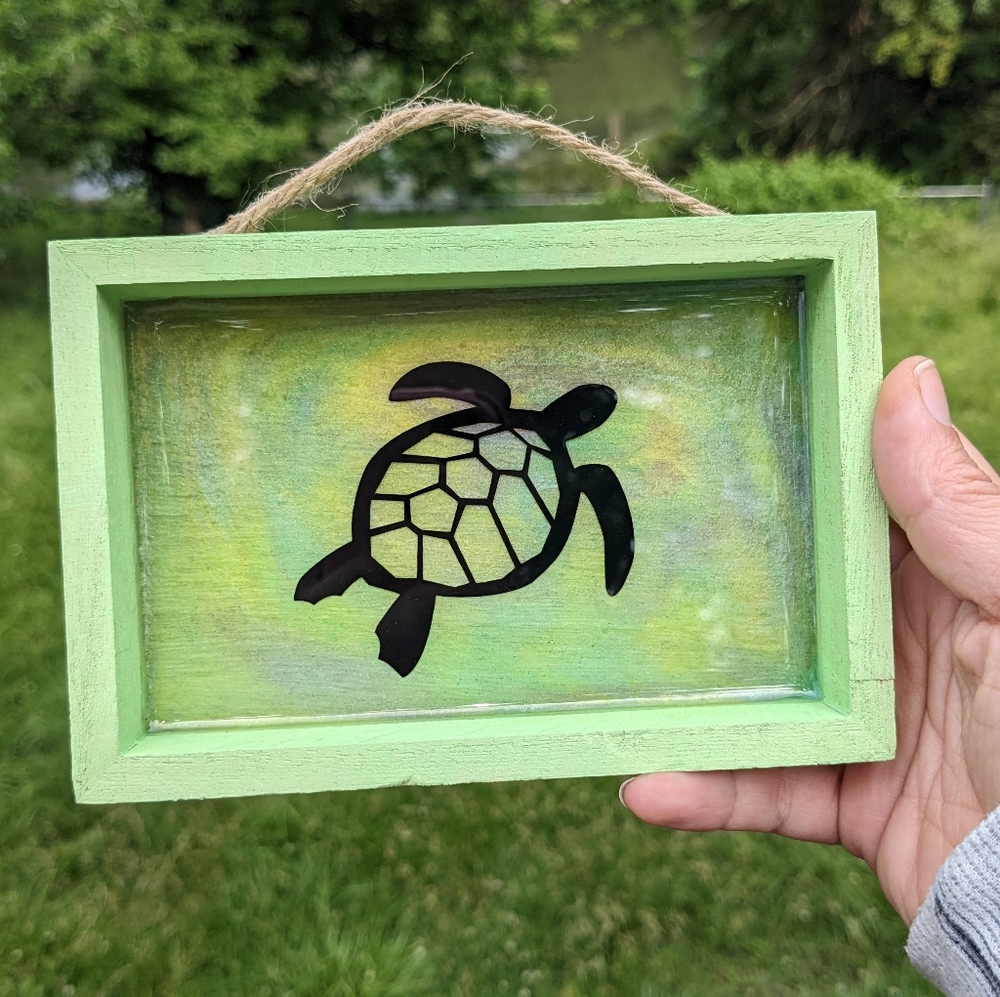 Turtle Wall Hanging Resin Handmade Green Art Wood Shadowbox Canvas Turtles - Picture 4 of 8